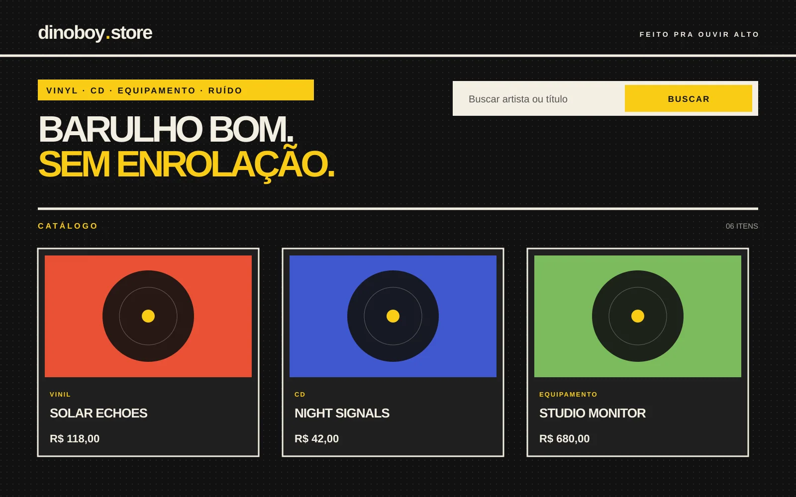 Grade do catálogo Dinoboy com discos e equipamentos em um visual preto e amarelo